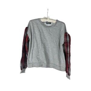 Jolie & Joy Sweatshirt L Women's Gray Long Sleeve Plaid Balloon Sleeve Crewneck